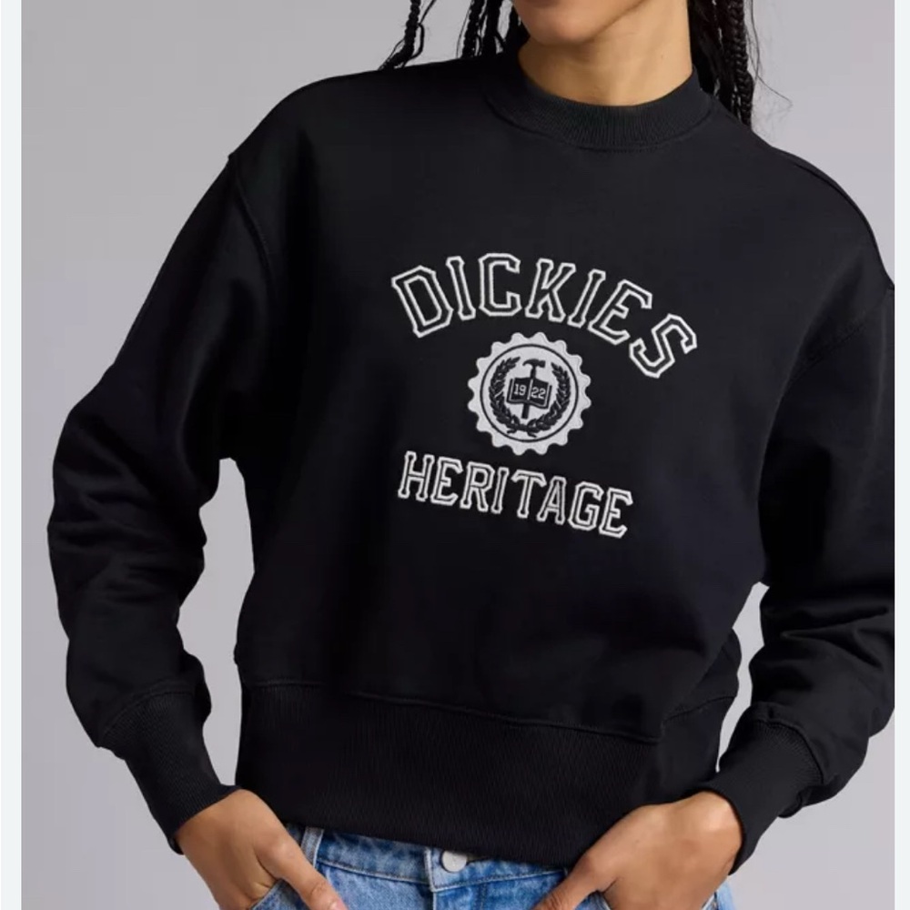 Dickies Oxford Crest Embroidered Graphic Fleece CrewNeck Black Sweatshirt, Sz XL